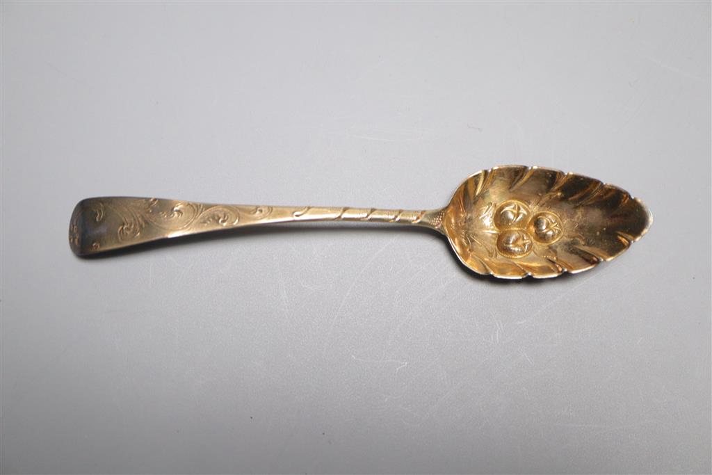 A matched set of six George III silver berry teaspoons, Alice & George Burrows, London, 1806 and George Wintle, London, 1804,